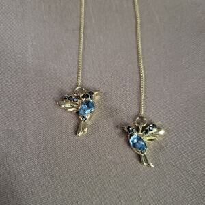Blue and gold hummingbird dangle earrings